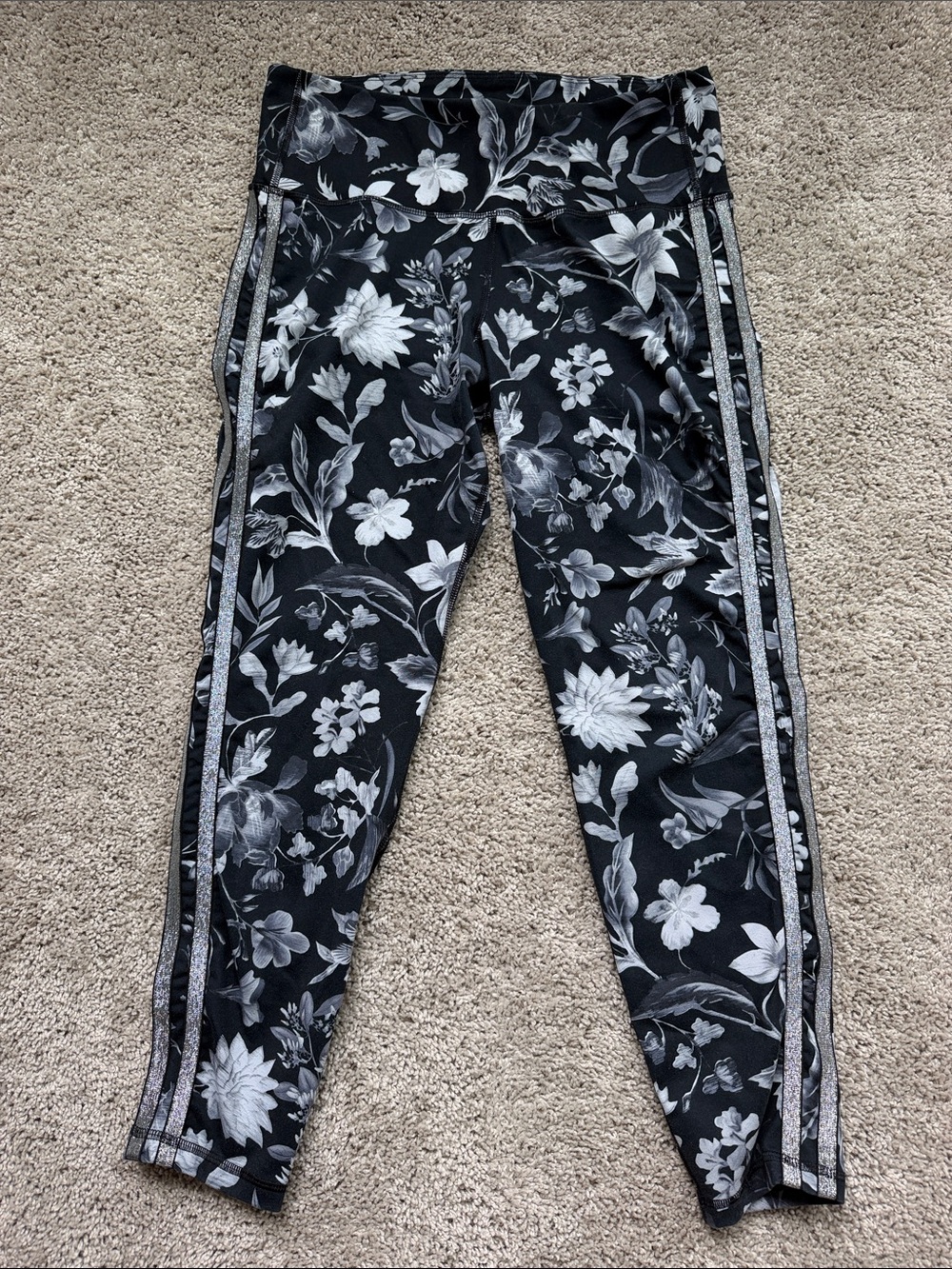 Old Navy Black and White Floral Leggings with Silver Side Stripes